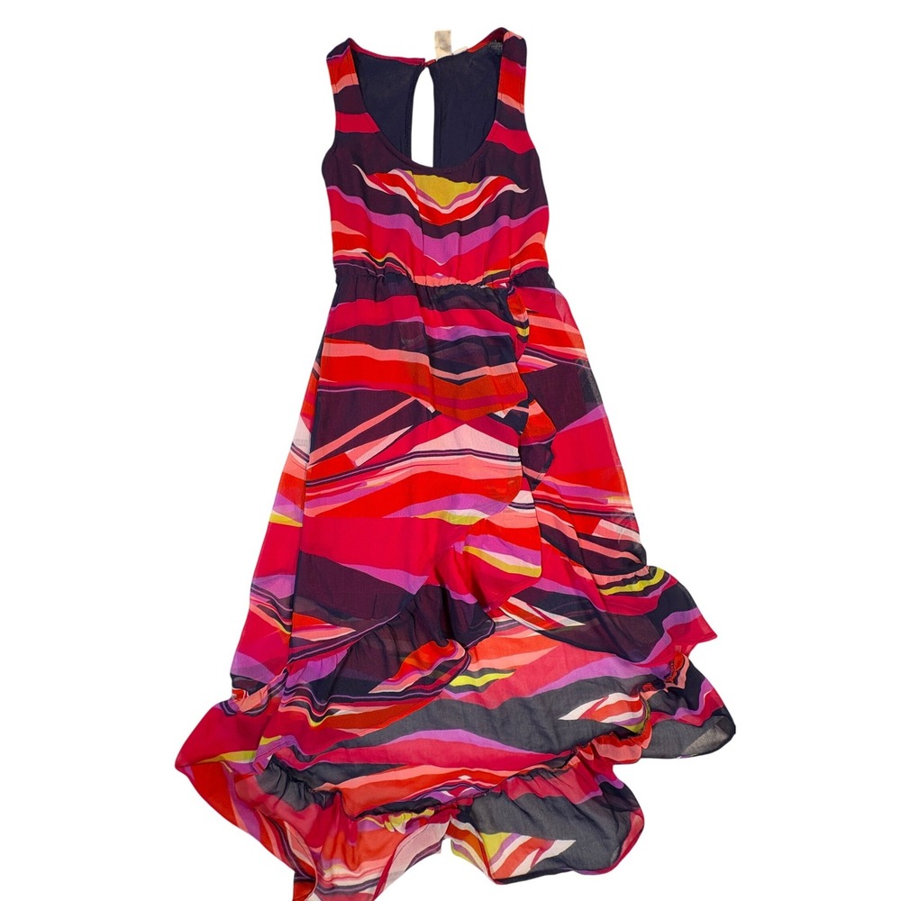 Roxy Women Pink Abstract Wave Ruffle High Low Dress ARJWD00015 Small
